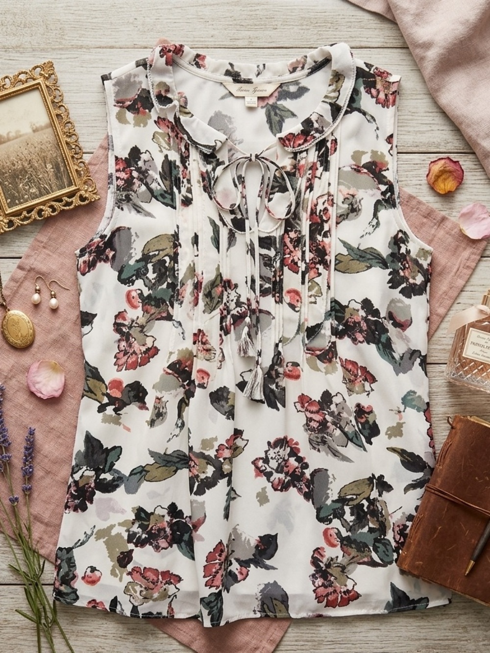 Rose + Olive Sleeveless Floral Blouse Pintuck Ruffle Neck Boho Top Size S